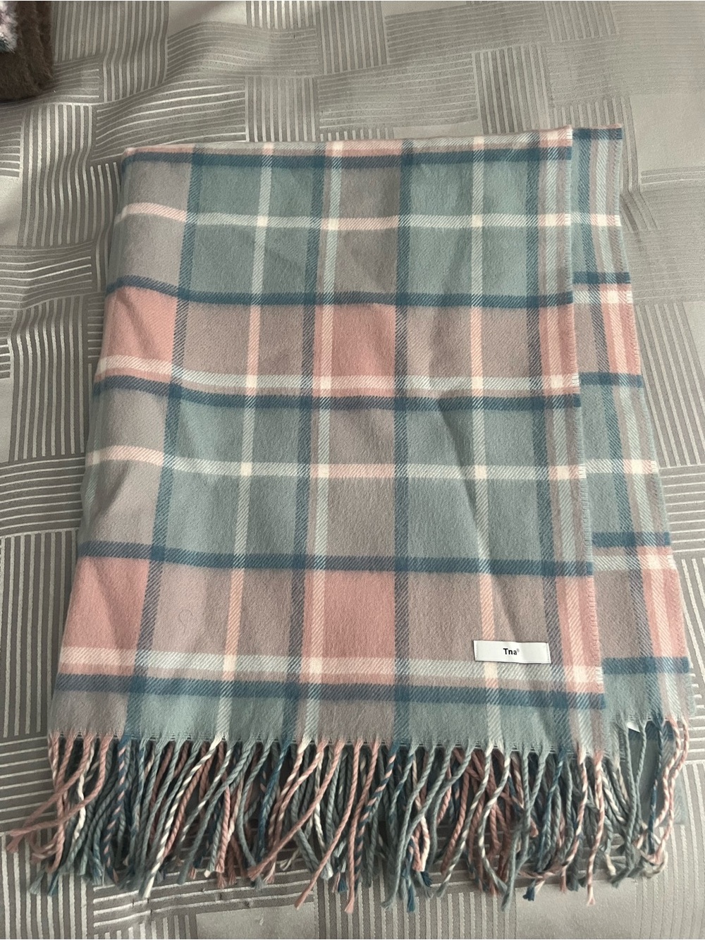 Aritzia TNA pink and blue Plaid Fringe Scarf - Picture 2 of 6